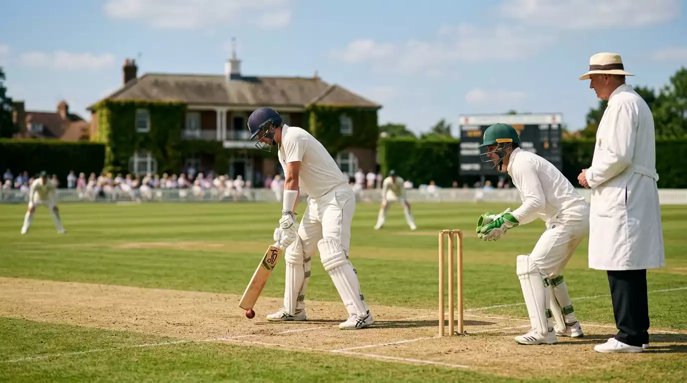 Cricket-Schlagmann in weißer Test-Kleidung am Schlag mit Wicketkeeper und Schiedsrichter im Hintergrund