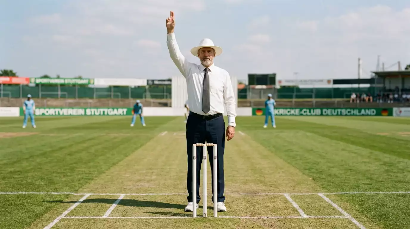 Cricket-Schiedsrichter überprüft eine Spielsituation auf dem Pitch als Symbol für Spielintegrität und Anti-Korruption