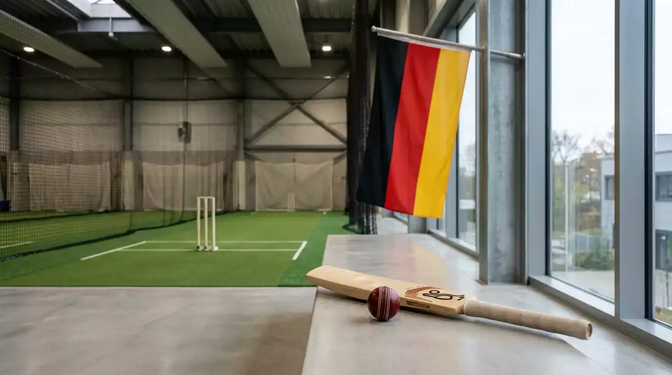 Cricket-Stadion mit deutscher Flagge als Symbol für den GGL-regulierten Wettmarkt in Deutschland