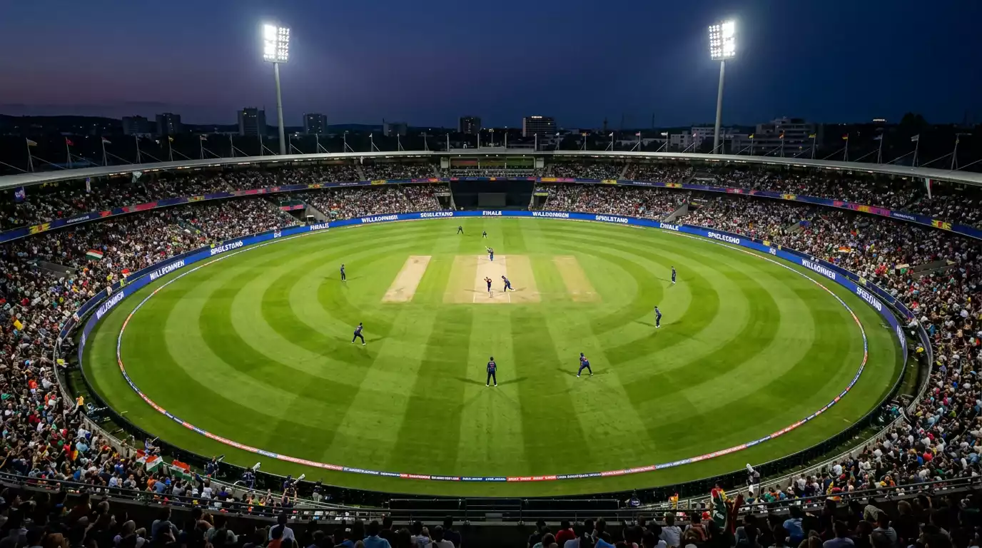 Volles Cricket-Stadion bei einem IPL-Spiel unter Flutlicht mit voller Tribüne und grünem Outfield